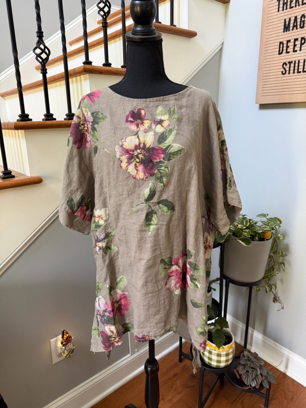 Floral 100% Linen Tunic Top in Taupe with Pink Blooms